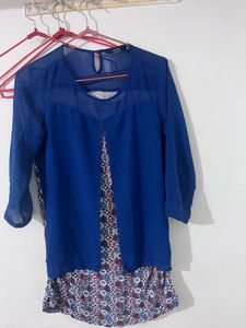 Blue Sheer Sleeve Printed Top
