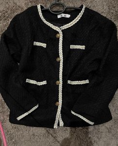 Elegant Black Tweed Jacket Wool Blend Vintage