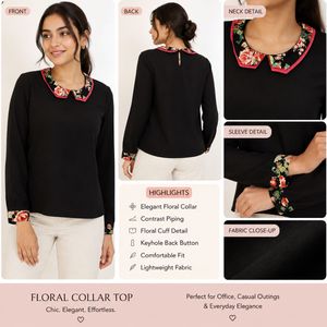 Chic Black Floral Collar Long Sleeve Top