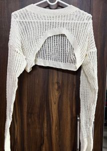 Cream Cropped Mesh Knit Top