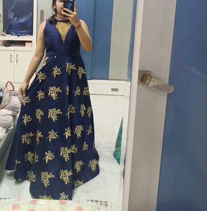 Blue &amp; Gold Embroidered Anarkali Dress