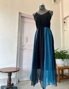 Boho Lace Trim Black & Blue Maxi Dress