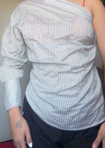 Striped One-Shoulder Button-Up Shirt set 💞🎀