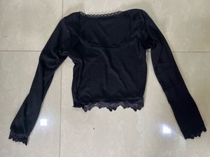 Black Lace Trim Long Sleeve Ribbed Top