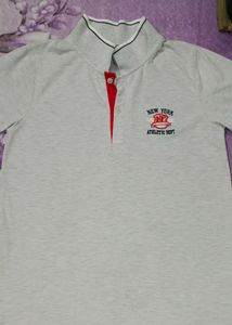 Gray Polo Shirt with Red &amp; Blue Trim
