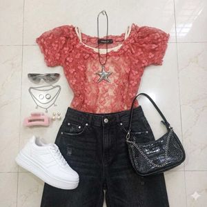 Y2K Red Floral Mesh Top ❤️✨