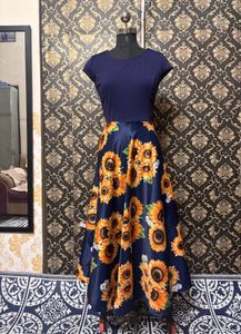 Navy Blue Sunflower Print Dress