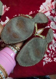 Red Velvet Juttis with Gold Trim
