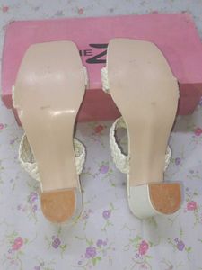 Stylish White Braided Heeled Mules