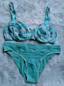 Cute Blue Floral Print Bra &amp; Panty Set