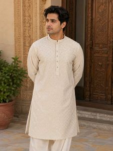 Men's Cream Kurta with Embellishments