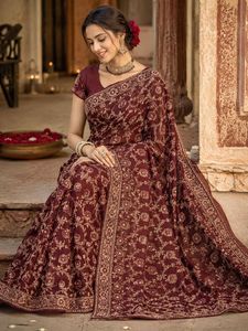 Embroidered Maroon Silk Saree