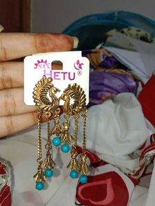 Peacock Design Earrings with Blue Beads