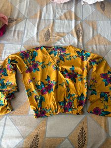 Yellow Floral Print Bell Sleeve Top