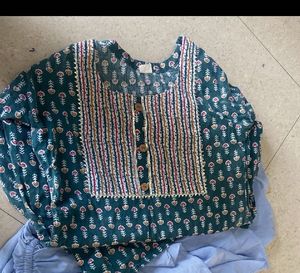 Green Floral Print Kurta with Blue Palazzo
