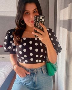 Polka Dot Puff Sleeve Crop Top