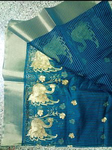 New Artsilk Saree Embroidery Sari Blue With Pink