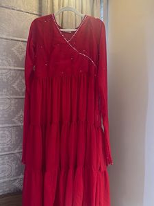 Red Tiered Ethnic Gown  dupatta