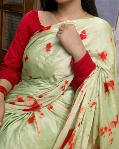 Elegant Mint Green Floral Saree with Red Blouse |
