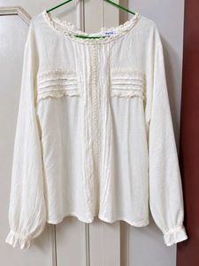 Chic White Lace Trim Puff Sleeve Top
