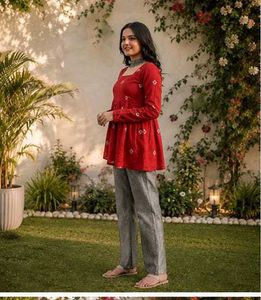 Red Printed Flared Kurti_M