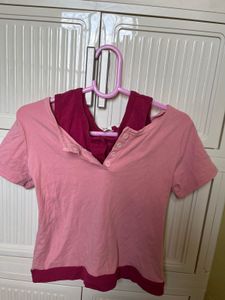 Cute Pink Two-Tone Henley Top