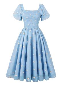Blue Daisy embroidery Puff Sleeve Dress