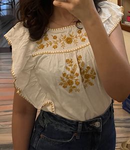 Embroidered Flutter Sleeve Top