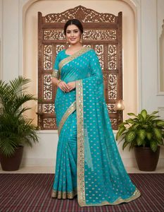 Beautiful Teal Saree with Golden Butti