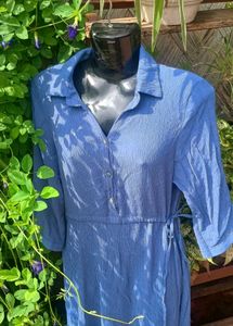 Blue Button-Front Midi Shirt Dress