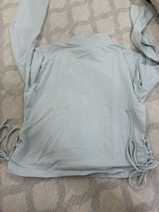 Light Blue Mock Neck Tie Detail Top