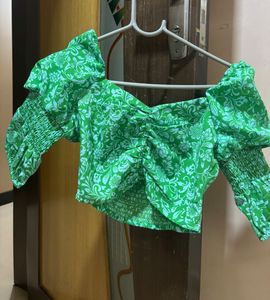 Green Floral Ruched Puff Sleeve Top