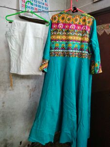 Vibrant Teal Kurta with Embellished Neckline