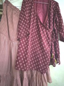 Maroon Printed Kurta with Skirt Set