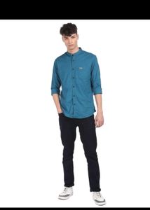 Men's Teal Band Collar Shirt