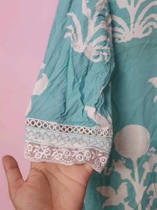 Dailywear Teal &amp; White Block Print Kurta Set