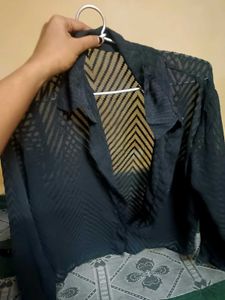 Sheer Chevron Pattern Button-Up Top