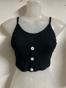 Black Ribbed Crop Top with Buttons