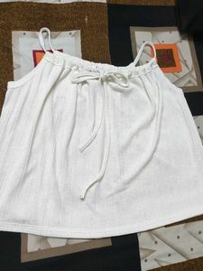White Ribbed Cami Top with Drawstring
