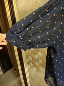 Navy Blue Polka Dot top, puff sleeves