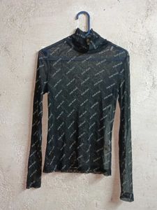 Sheer Turtleneck Top with All-Over Logo Print