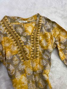 Mustard Yellow &amp; Grey Block-Printed Kurti Set