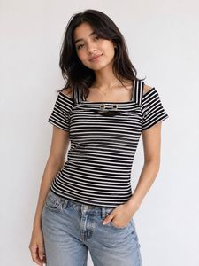 Striped Cold Shoulder Top with Ring Detail