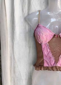 Cute Pink &amp; Brown Lace Corset Top