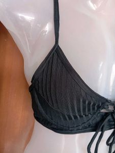 Black Ribbed Lace-Up Bikini Top