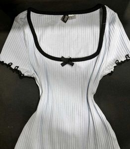 Ribbed Baby Blue Top with Bow Detail