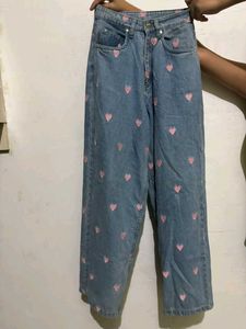 Heart Embroidered Wide Leg Jeans