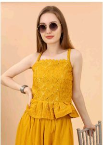 Yellow Sequined Kurta Set with Palazzo 2pc xs
