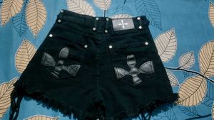 Black Denim Shorts with Fringe and Grommets