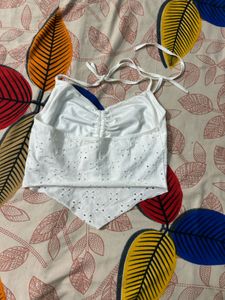 White Halter Neck Eyelet Top